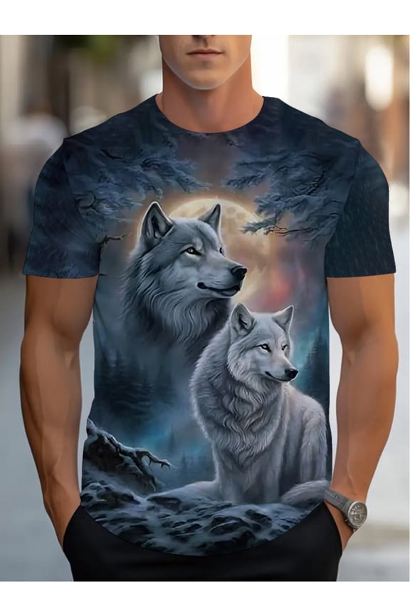 Men's Elegant Wolf Pattern T-Shirt - Fashionable Unique Forest Moon Design, Vintage Style, Regular Fit, Crew Neck, Slightly Stretchy Fabric, Sportswear, Outdoor Casual Wear