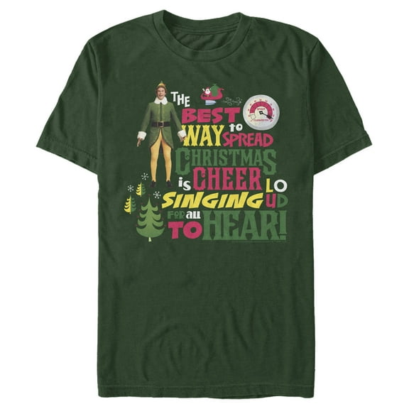 Men's Elf Christmas Cheer Loud Singing Graphic Tee Dark Green X Large