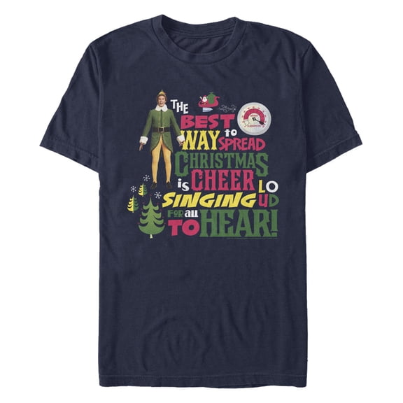 Men's Elf Christmas Cheer Loud Singing Graphic Tee Navy Blue 3X Large