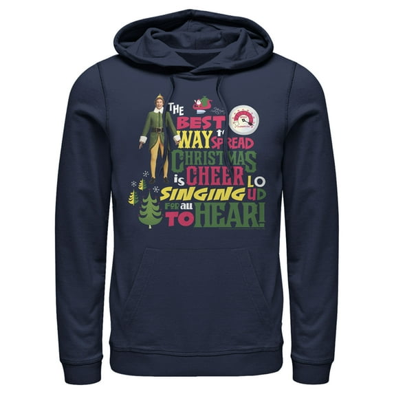Men's Elf Christmas Cheer Loud Singing Pull Over Hoodie Navy Blue 3X Large