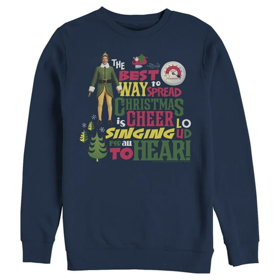 Men's Elf Christmas Cheer Loud Singing Sweatshirt Navy Blue 2X Large