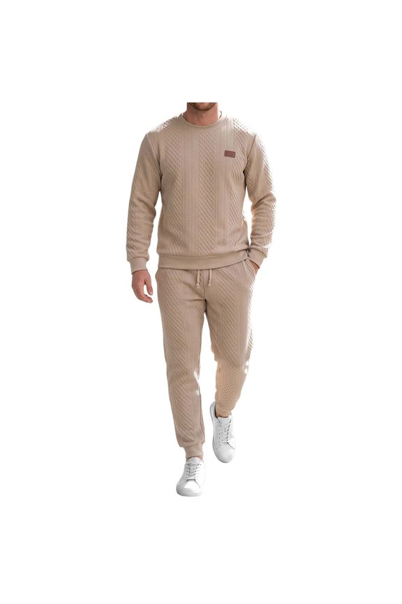 Men's Embossed Diamond Knit Tracksuit Outfit, Long Sleeve Crew Neck Sweatshirt & Drawstring Jogger Sweatpants, Fashion Spring Fall Streetwear Two Piece Suit Khaki