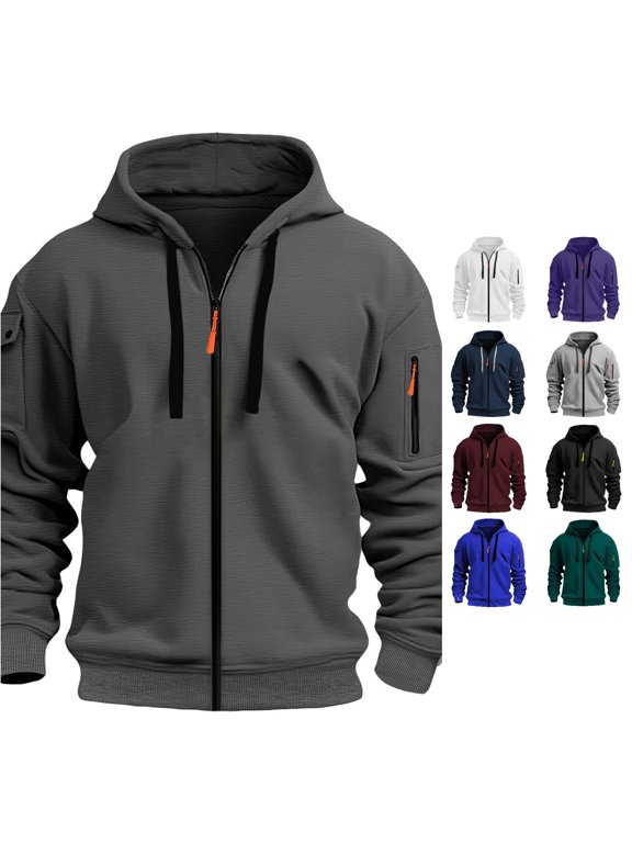 Men's Embroidered Badge Pocket Zip-Up Hooded Casual Sweatshirt Jacket