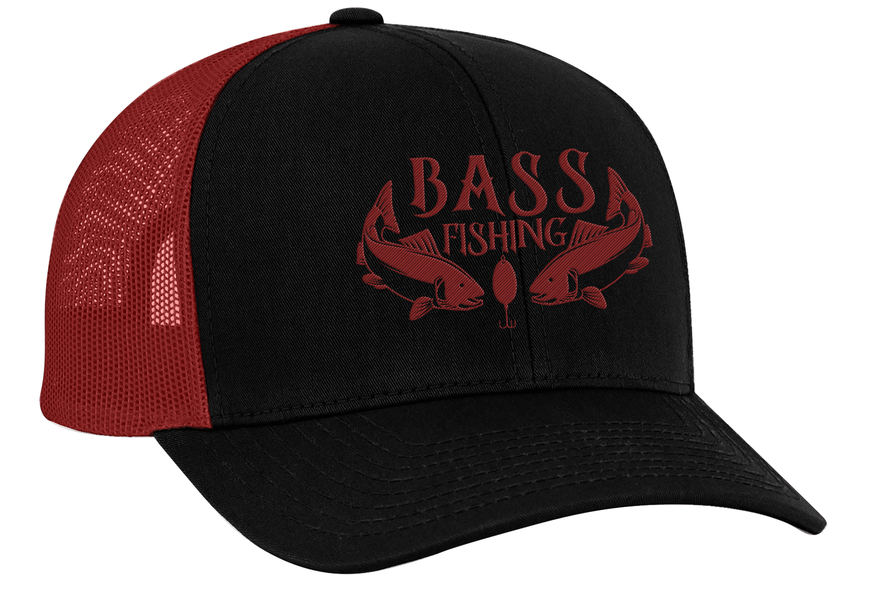 Men's Embroidered Bass Fishing Mesh Back Trucker Cap, Black/Red