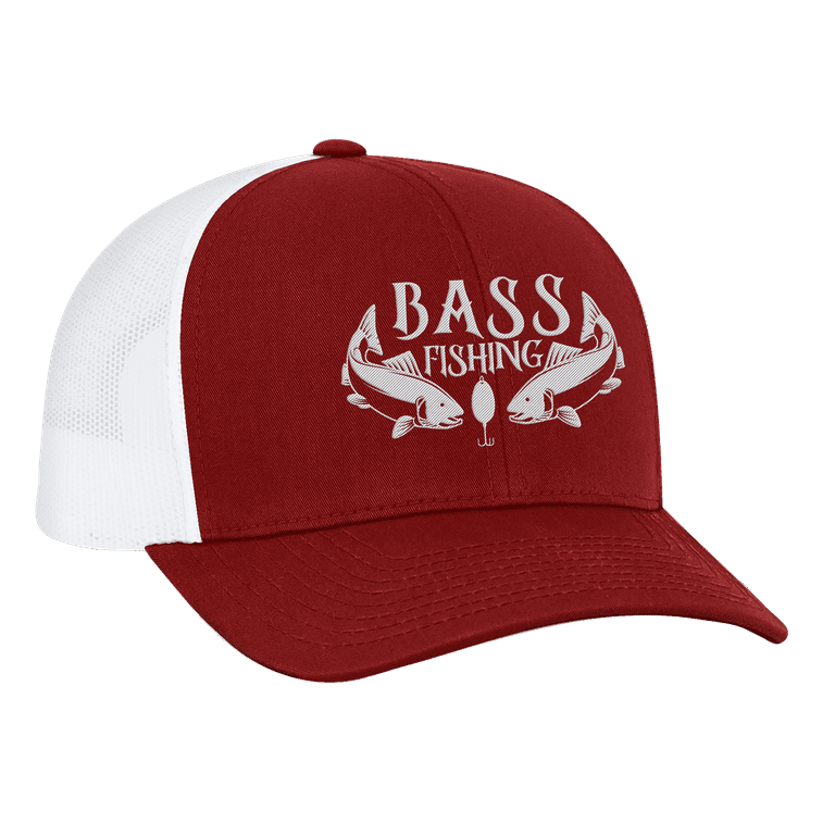 Men's Embroidered Bass Fishing Mesh Back Trucker Cap, Red/White