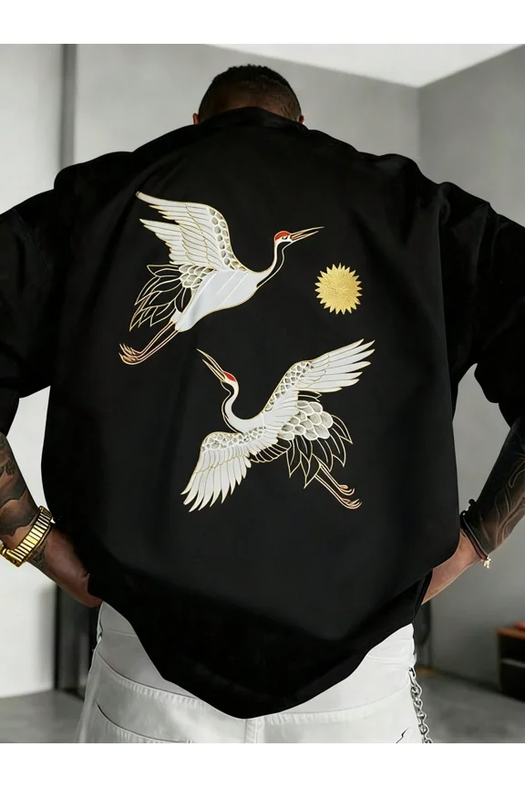 Men's Embroidered Crane Graphic Streetwear Button Down Shirt