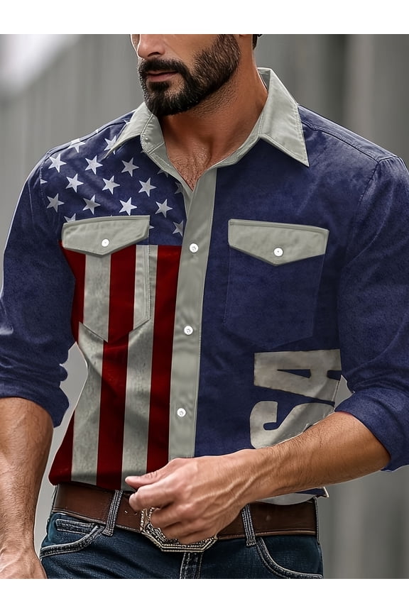Men's Embroidered Exquisite American Flag Western Cowboy Shirt Long Sleeve Regular Fit Snap Button Down Shirts Blue XL