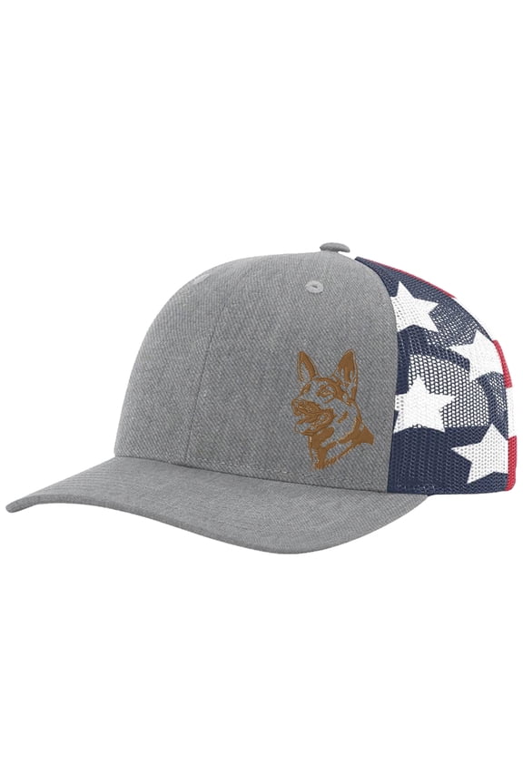 Men's Embroidered German Shepherd Outline Dog Breed Mesh Back Trucker Hat, Heather Grey/American Flag