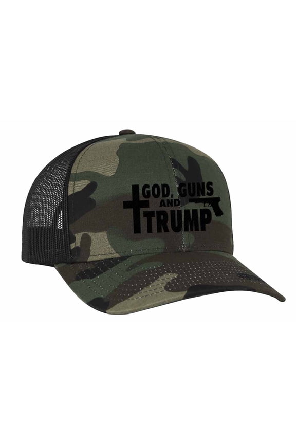 Men's Embroidered God, s, and Trump Mesh Back Trucker Cap, Army
