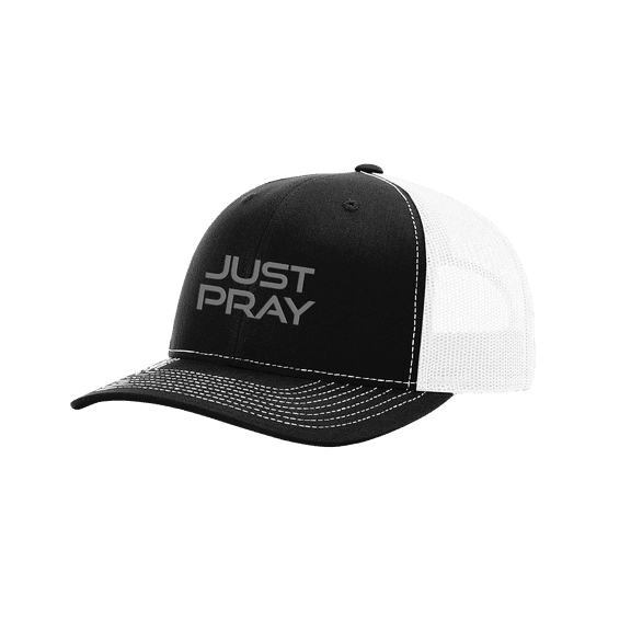 Men's Embroidered Just Pray Mesh Back Trucker Cap, Black/White