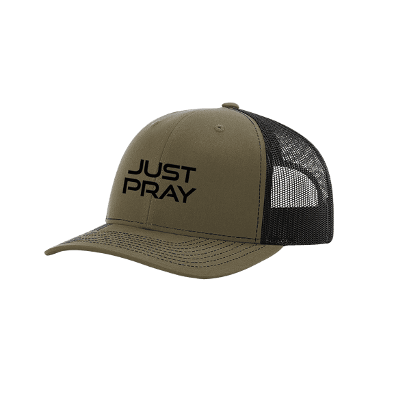 Men's Embroidered Just Pray Mesh Back Trucker Cap, Military/Black