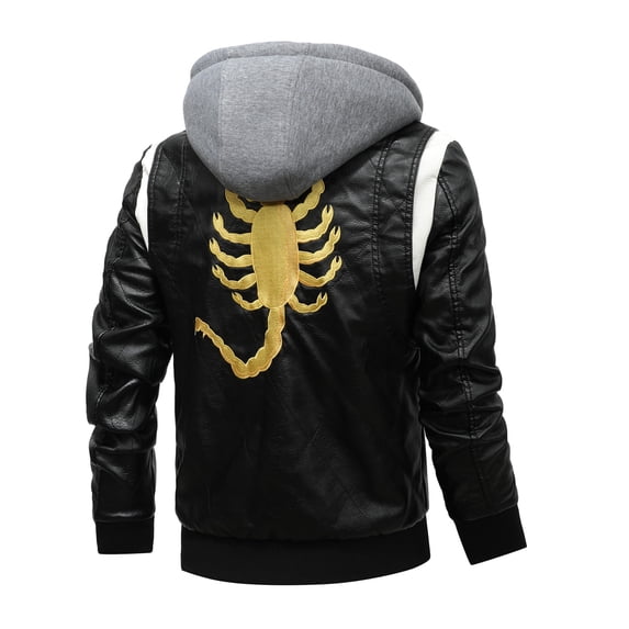 Men's Embroidered Patchwork PU Leather Jacket, Youth Motorcycle Coat, Detachable Hat, Fashionable Outerwear for Casual Wear