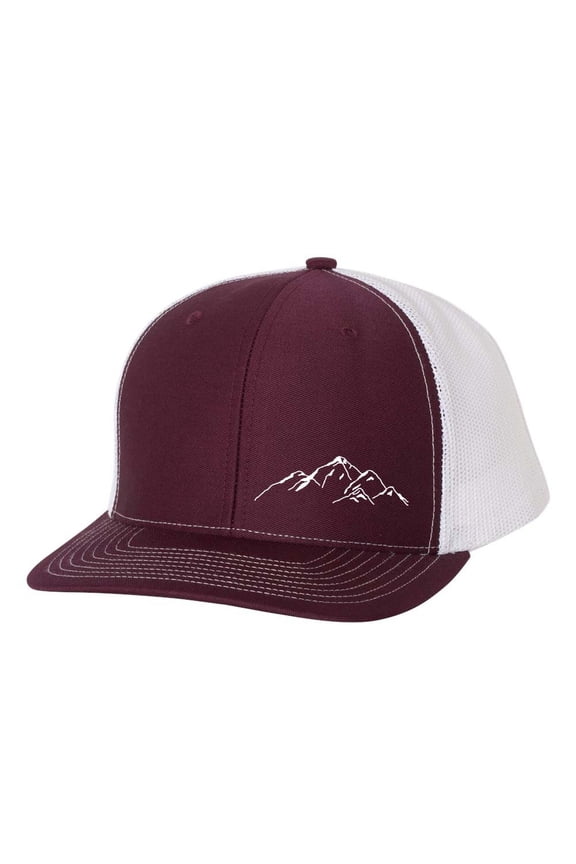 Men's Embroidered Scenic Mountain Range Adjustable Mesh Back Trucker Hat, Maroon/White