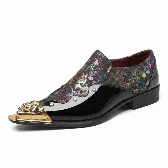 Men's Embroidered Slip-On Dress Shoes, Floral Glitter Print Patent Leather Slip-On Shoes, Pointed Toe Low Block Heel Formal Footwear