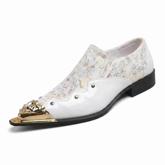 Men's Embroidered Slip-On Dress Shoes, Floral Glitter Print Patent Leather Slip-On Shoes, Pointed Toe Low Block Heel Formal Footwear