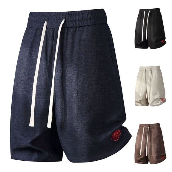 Men's Embroidered Versatile Five Quarter Shorts, Quick Dry Elastic Drawstring Side & Back Storage Pockets Reinforced Stitching, Breathable Casual Shorts for Beach Golf | TruHer,Beige L
