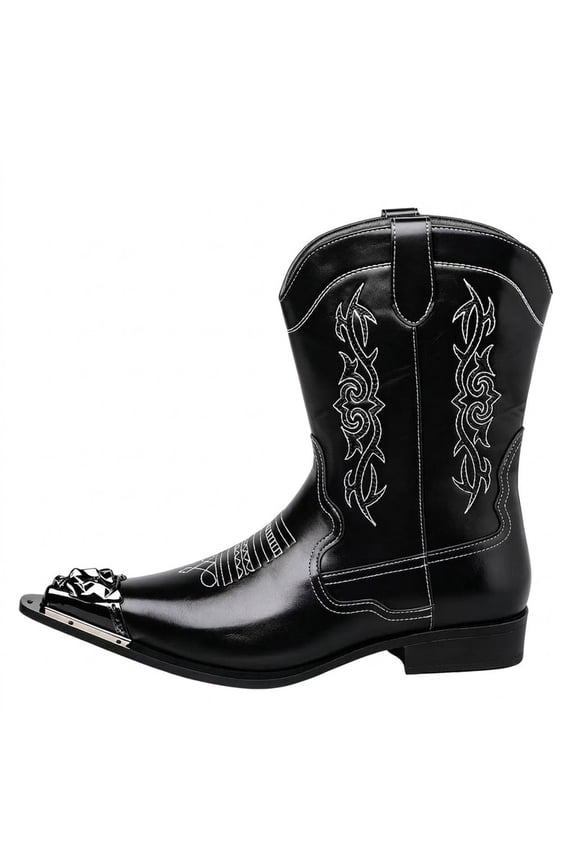 Men’s Embroidered Western Cowboy Boots, Pointed Toe Metal Toe Cap Block Heel, Side Zipper Vintage British Style Chunky Heel Mid-Calf Boots