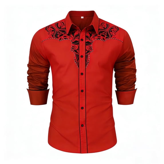 Men's Embroidered Western Cowboy Shirt Long Sleeve Slim Fit Button Up Casual Blouse With Utility Pockets