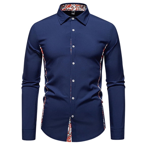 Men's Embroidery Shirt Long Sleeve Button Down Lapel Collar Clasic Cardigan Top Navy S