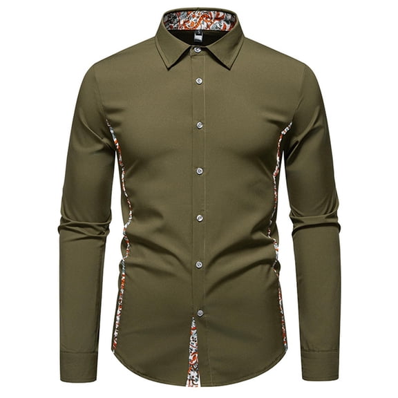 Men's Embroidery Shirt Long Sleeve Button Down Lapel Collar Clasic Cardigan Top Olive Green S