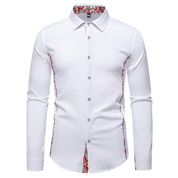 Men's Embroidery Shirt Long Sleeve Button Down Lapel Collar Clasic Cardigan Top White XL