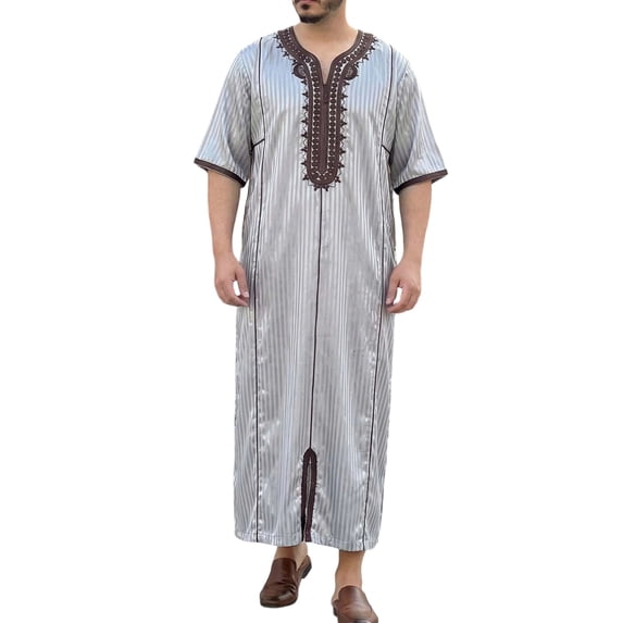 Men's Embroidery Thobe Short Sleeve Dubai Long Gown Prayer Robe Islamic Jubba Kaftan Islamic Arabic Abaya/Silver/M