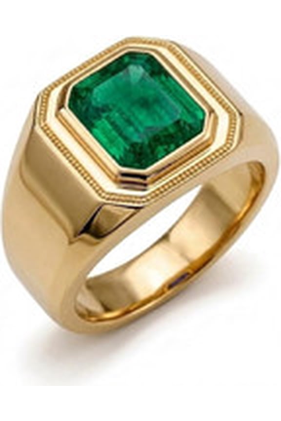 Men's Emerald Cut Simulated Green Emerald Signet Ring In 14K Yellow Gold Finish Over 925 Silver