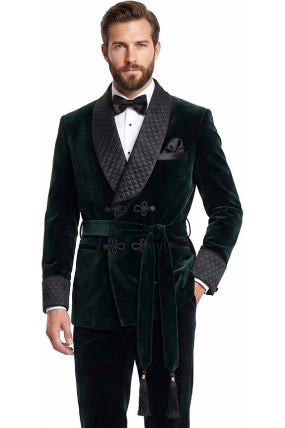 Men’s Emerald Green Velvet Jacket Robe | Quilted Satin Shawl Lapel | Double Breasted Belted Dinner Jacket | Luxury Tuxedo Blazer for Wedding, Gala & Black Tie Events