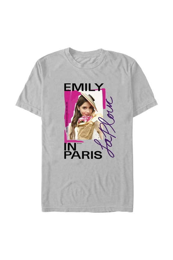 Men's Emily in Paris La Plouc Flowers Photo Graphic Tee Silver Large
