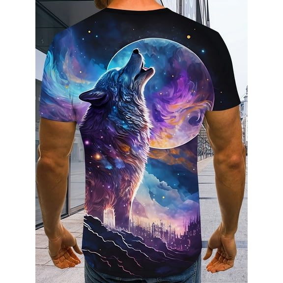 Men's Energetic Wolf Print 3D Graphic T-Shirt - Casual Crew Neck Polyester Blend, Moon and Starry Night Sky, Perfect for Casual Wear or Fitness