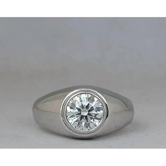 Men's Engagement Ring 2Ct Round Cut Simulated Diamond Solitaire Bezel Set 14k White Gold Plated 925 Silver