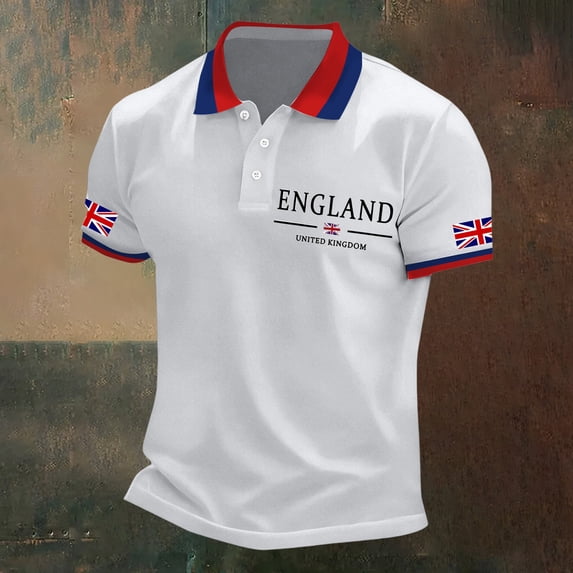 Men's England United Kingdom Flag Polo Shirt – Union Jack Print Short Sleeve Button Down Collared Shirt – Casual Business Top for UK National Day & Sports – Sizes S-XXXXXL