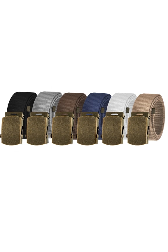 Men's Essentials Adjustable Belt Pack High Strength Canvas Web Belt with Antique Brass Slider Buckle 6 Pack