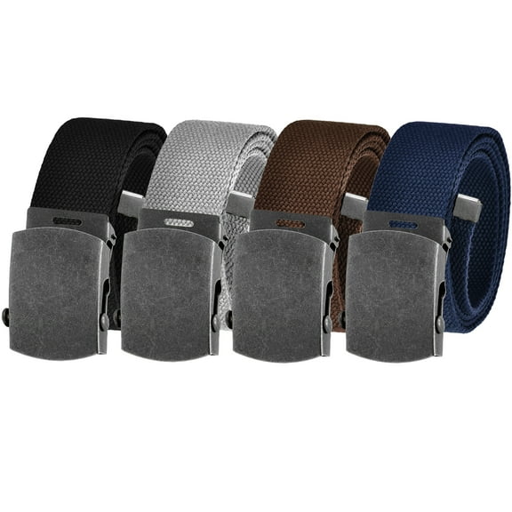 Men's Essentials Adjustable Belt Pack High Strength Canvas Web Belt with Distressed Silver Slider Buckle 4 Pack
