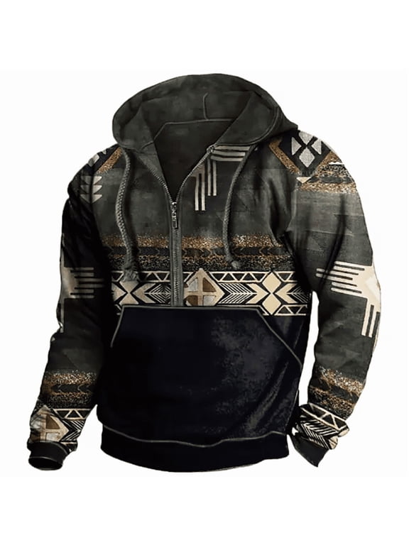 Men's Ethnic Aztec Print Half Zip Pullover Hoodies Vintage Western Tribal Graphic Sweatshirts Plus Size Long Sleeve Hooded Warm Tops for Fall Winter