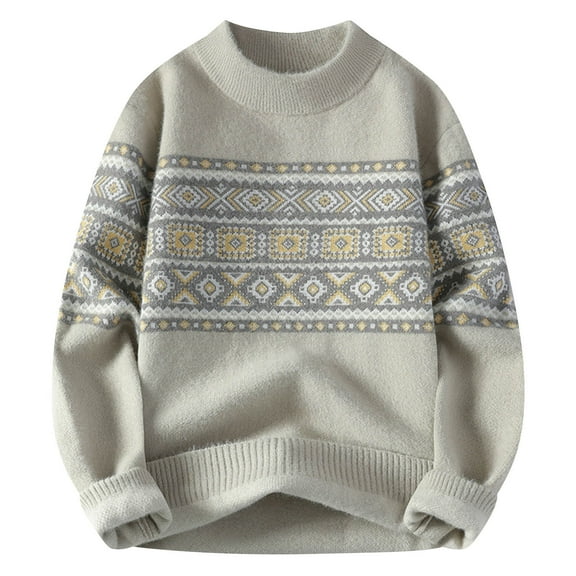 Men's Ethnic Graphic Sweaters Crewneck Long Sleeve Cozy Soft Winter Warm Sweatshirts Pullover Knitted Striped Tops (L, Khaki)