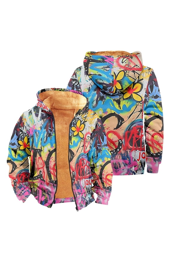 Men's Ethnic Print Fleece Hooded Sweatshirt Jacket, Thickened Warm Long Sleeve Coat with Pockets for Fall Winter Casual Outdoor Wear and Holiday Season Gift,Multicolor,L