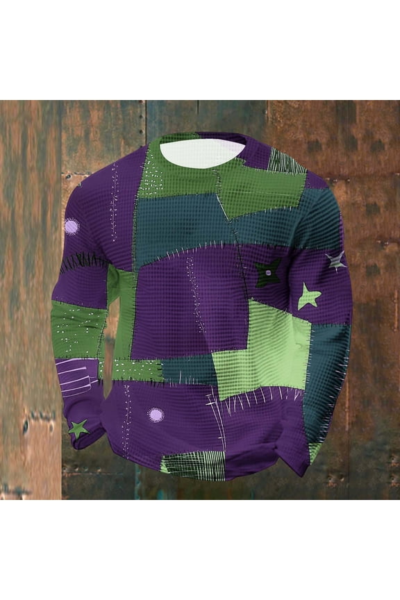 Men's Ethnic Print Long Sleeve Casual Shirt with Round Neck and Street Style Design