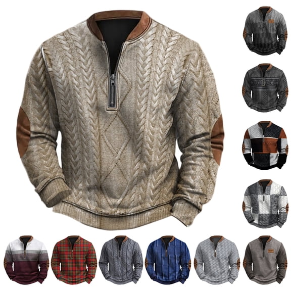 Men's Ethnic Print Quarter-Zip Pullover Sweatshirt, Retro American Style Crewneck Hoodie, Casual Long Sleeve Versatile Fall Spring Daily Top,BR,M