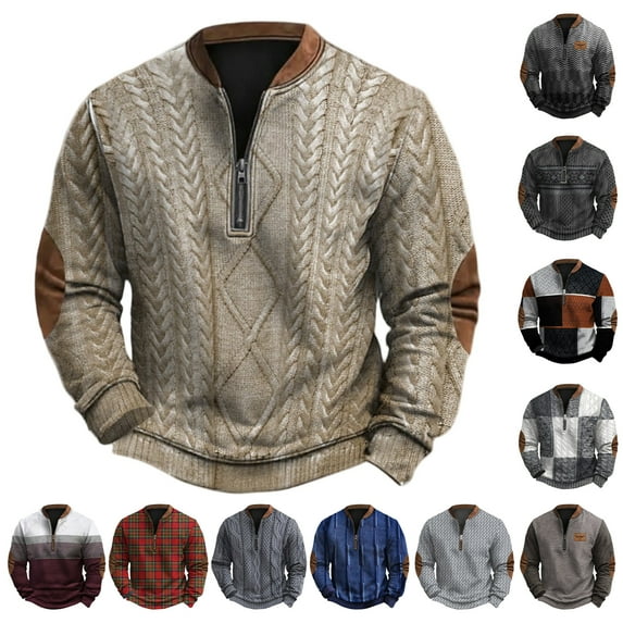 Men's Ethnic Print Quarter-Zip Pullover Sweatshirt, Retro American Style Crewneck Hoodie, Casual Long Sleeve Versatile Fall Spring Daily Top,Black,L