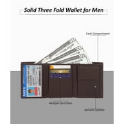 Mens European Cowhide Dark Brown Leather Trifold Wallet 3 ID,8 Slots, Change Pocket