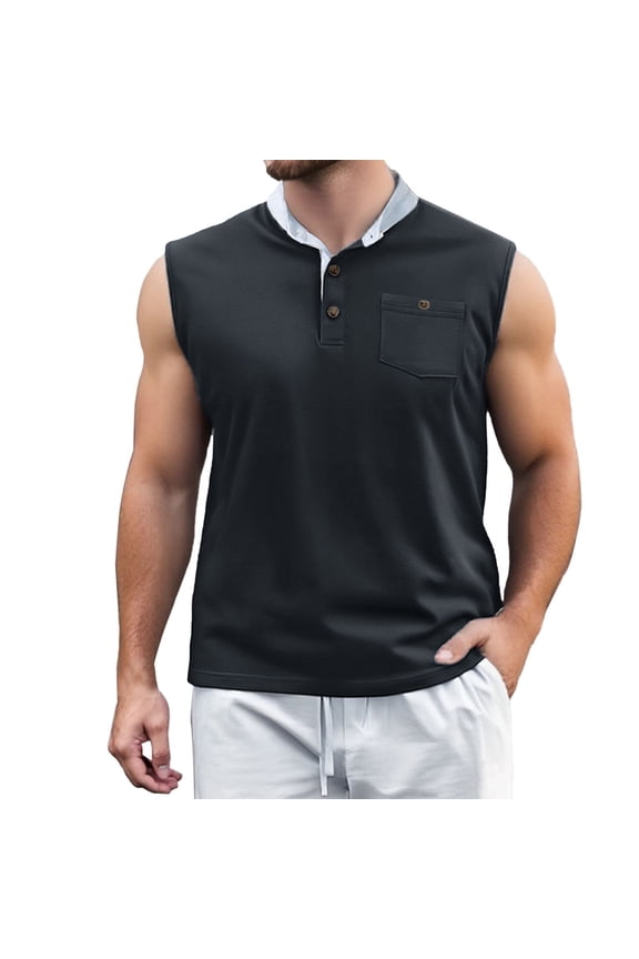 Men's European Solid Color Button Open Neck Pocket Vest Casual Loose, Comfortable, Multiple Sizes, for Spring/Summer