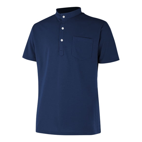 Men's European Solid Color Button Open Neck Short Sleeve T-Shirt, Stand Up Collar, Casual and Comfortable