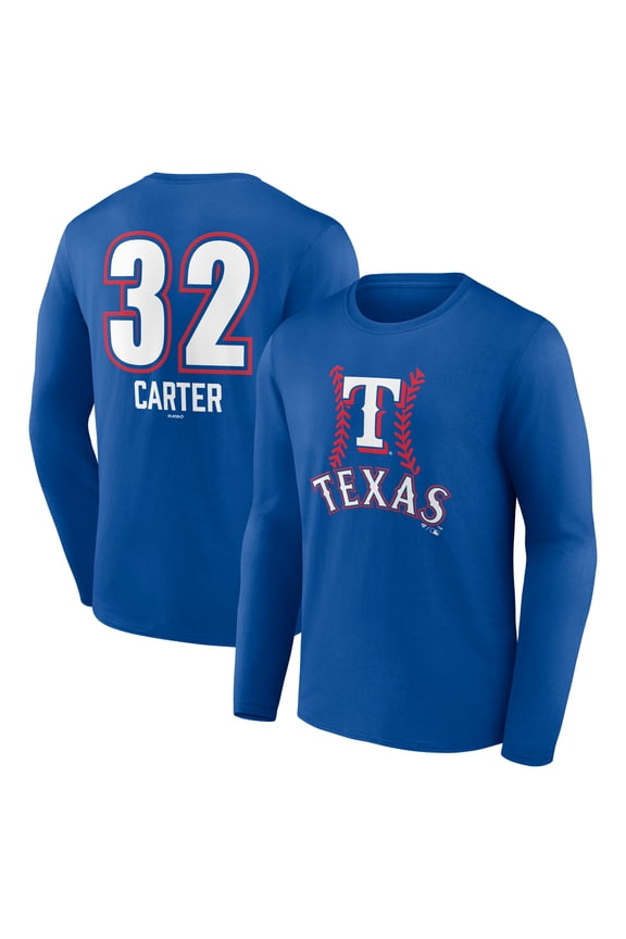 Men's Evan Carter Royal Texas Rangers Fastball Player Name & Number Long Sleeve T-Shirt