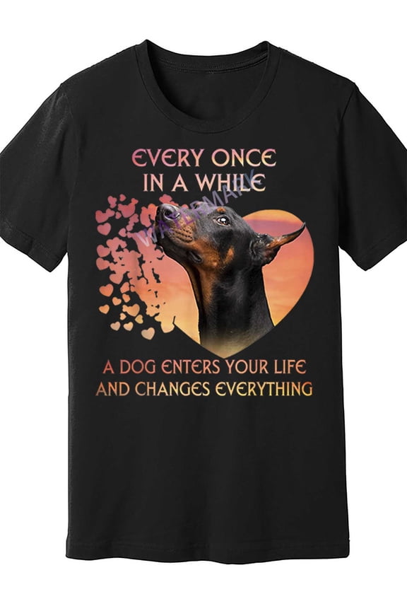 Men's "Every Once In A While A Dog Enters Your Life" Doberman Graphic T-Shirt - Black, 100% Cotton, Crew Neck, Short Sleeve, All-Season Comfort, Machine Washable