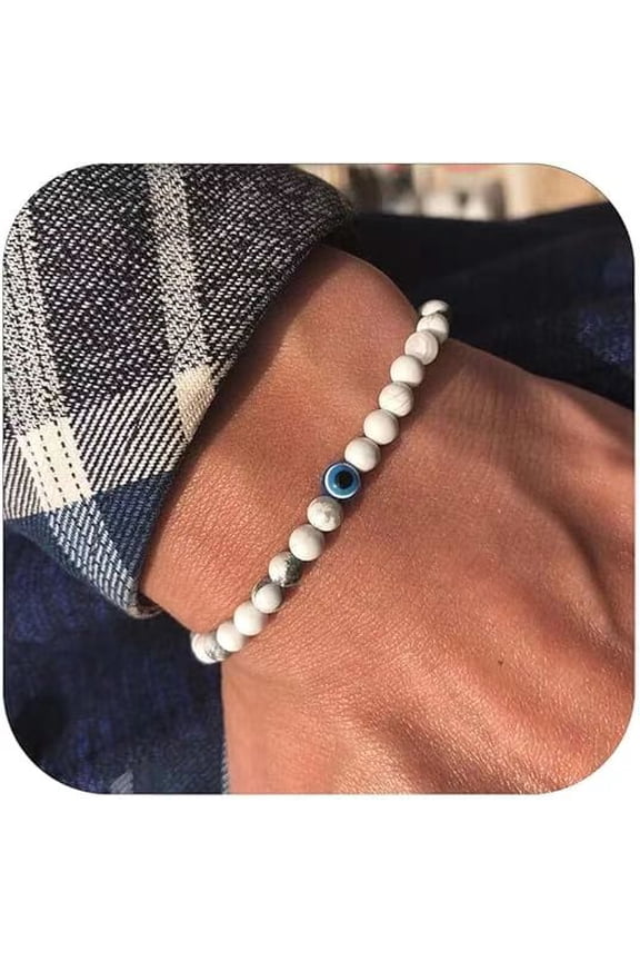 Men's Evil Eye Bracelet, 6mm Elastic Adjustable Natural Stone Beaded Bracelet for Dad, Husband, Boyfriend