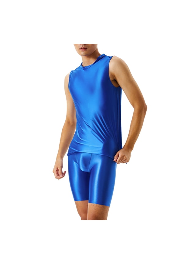 Men's Exotic Apparel Glossy Suit with Transparent Pants and Vest for Bodybuilding Showcases Blue XL
