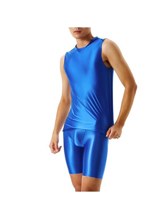 Men's Exotic Apparel Glossy Suit with Transparent Pants and Vest for Bodybuilding Showcases Blue XL