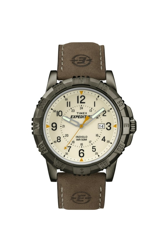 Men's Expedition Rugged Metal Field Natural Dial Watch, Brown Leather Strap