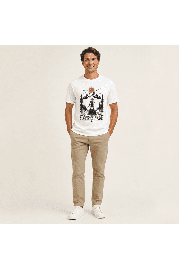 Men's Explore More Mountain Lake Canoe Graphic White Short Sleeve Crew Neck T-Shirt for Summer Outdoor Casual Wear